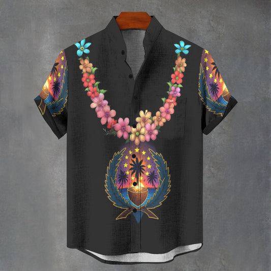 All-Over Print Men's Stand Collar Shirt|110GSM Imitation Flax