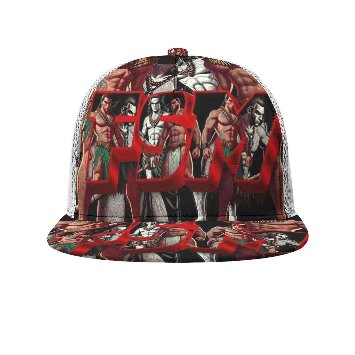 All-Over Print Black Buckle Flat-brimmed Mesh Cap With Box