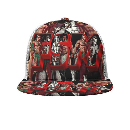 All-Over Print Black Buckle Flat-brimmed Mesh Cap With Box